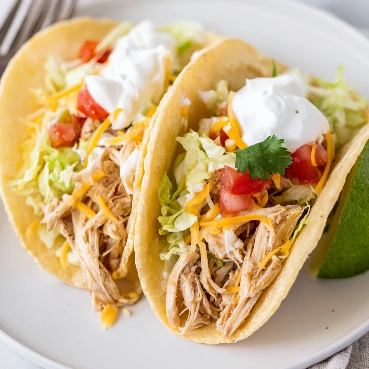 Tender shredded slow cooker ranch chicken tacos topped with crisp lettuce and sour cream