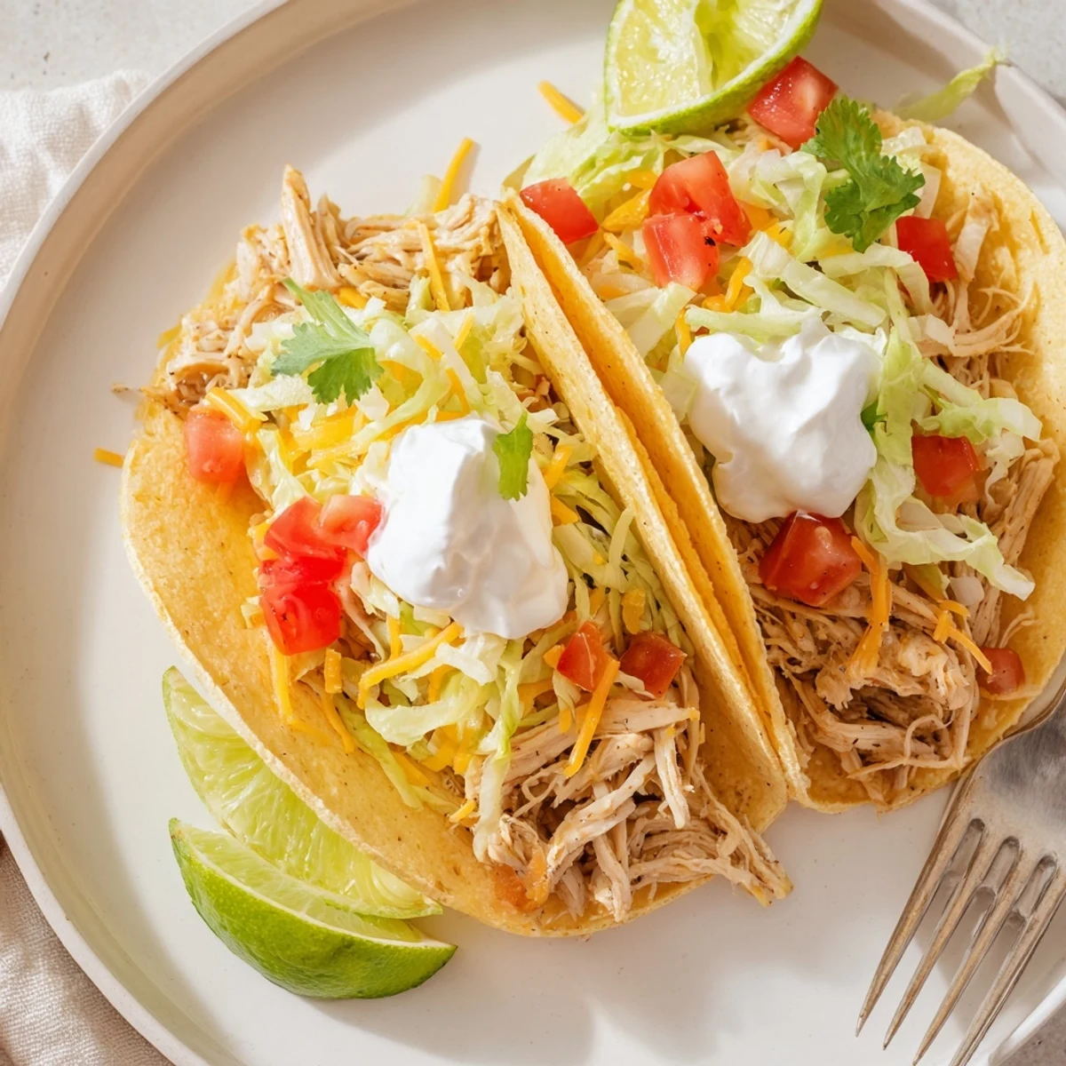 Juicy slow cooker ranch chicken tacos loaded with melted cheddar and fresh cilantro