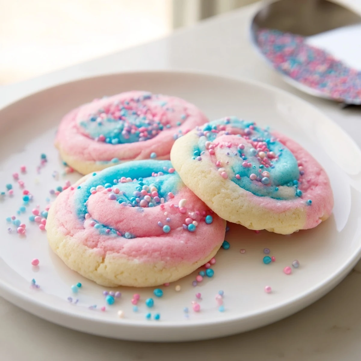 Swirled pink and blue cotton candy cookies with pastel marbled dough on a baking sheet