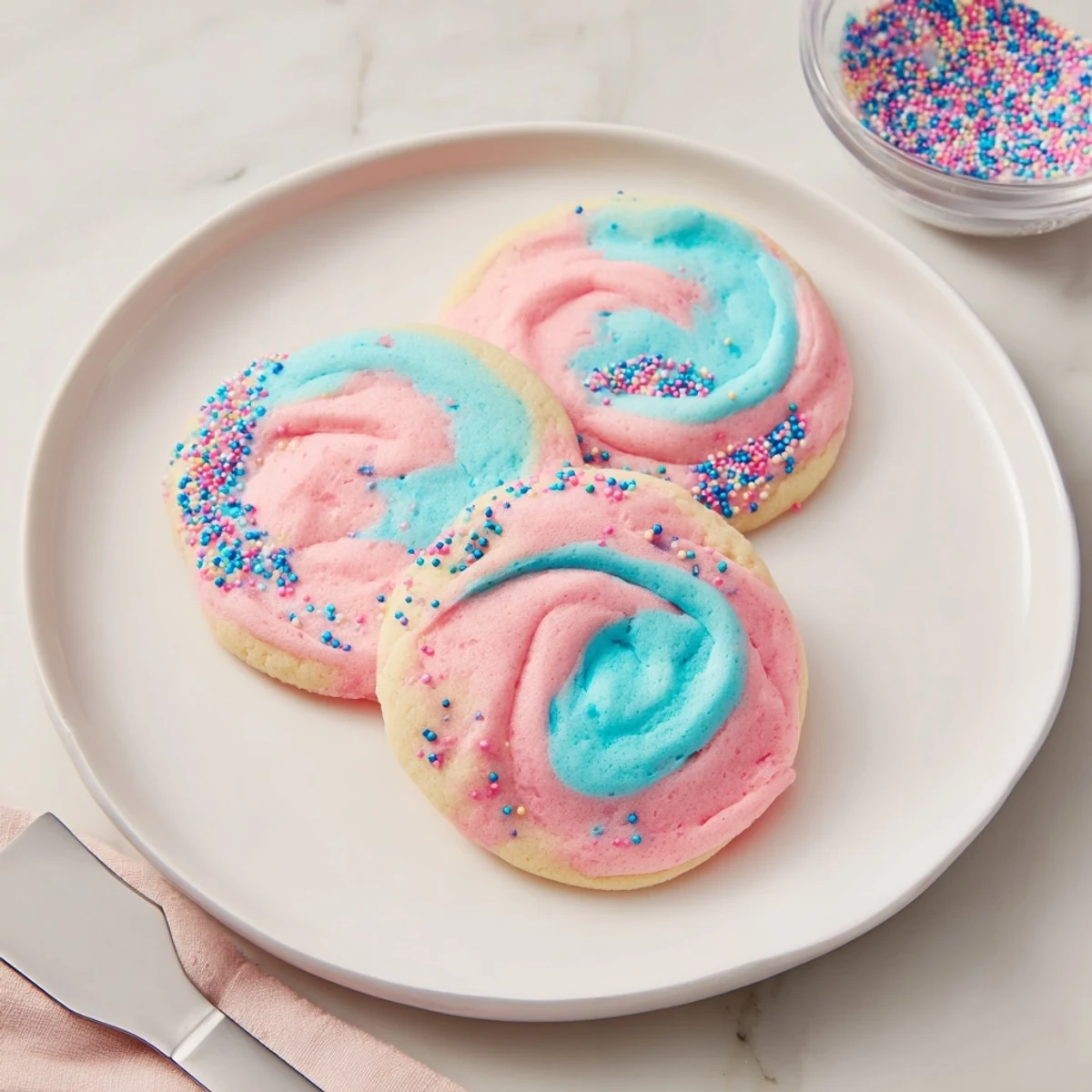 Chewy cotton candy cookies featuring swirled pastel pink and blue hues fresh from the oven