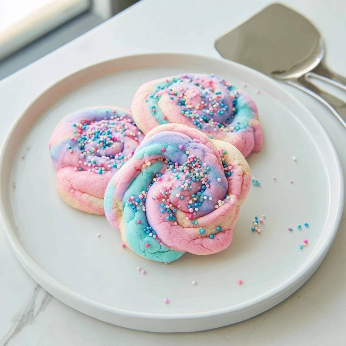 Soft cotton candy cookies topped with colorful sprinkles arranged on a rustic white plate