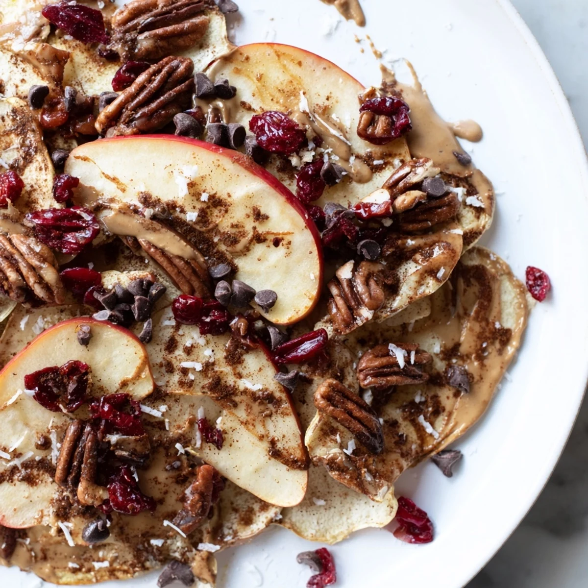 Crispy apple nachos with cinnamon tahini drizzle topped with coconut and chocolate chips