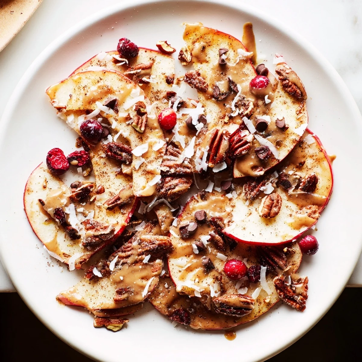 Thinly sliced crisp apples layered under warm cinnamon tahini drizzle and roasted nuts