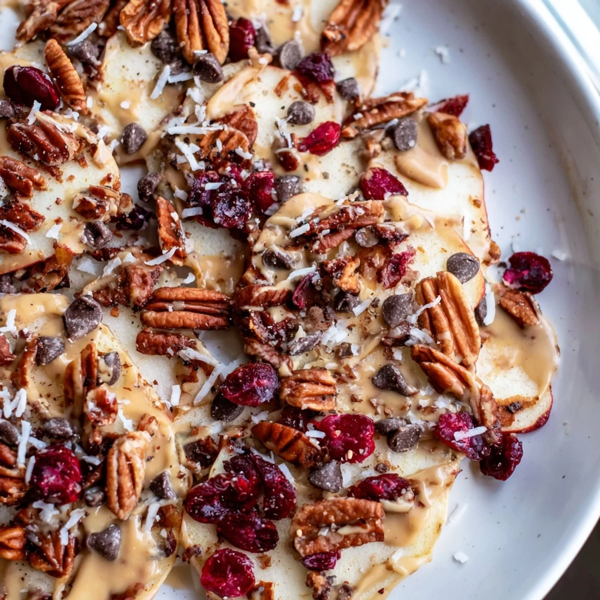 Golden apple slices piled high with dried cranberries and sweet spiced tahini sauce