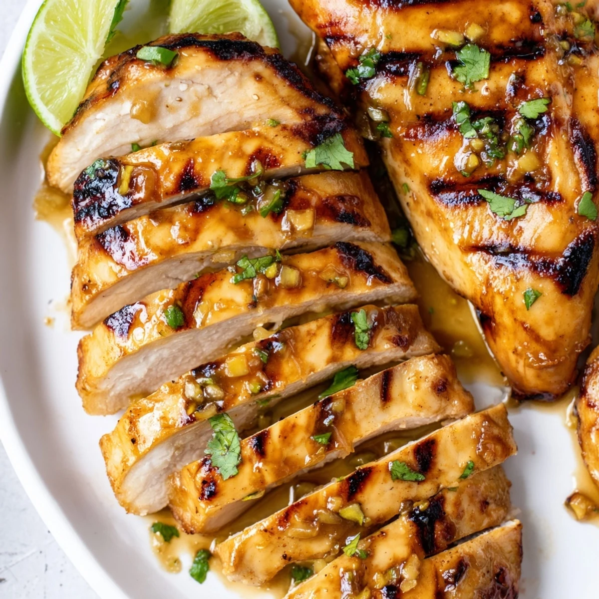 Golden honey lime chicken with fresh cilantro and lime wedges on a white plate