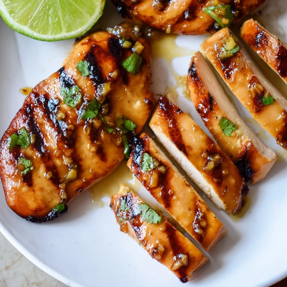 Sizzling honey lime chicken sliced open showing tender meat garnished with bright cilantro