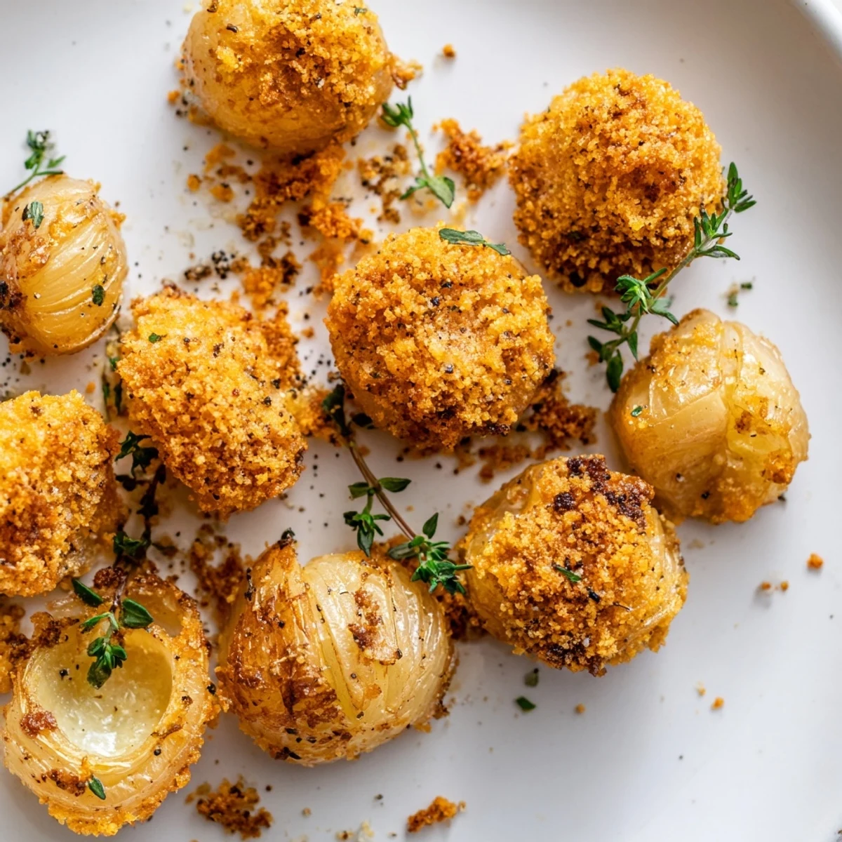 Golden air fried pearl onions with crispy edges served hot in a bowl