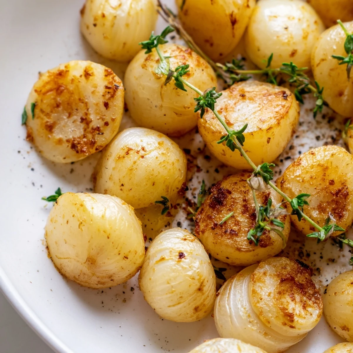 Crispy air fried pearl onions piled on a plate with fresh herb garnish