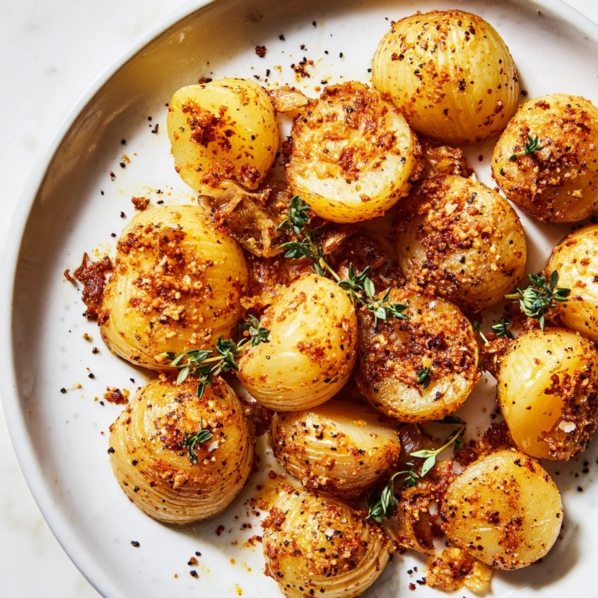 Air fried pearl onions glistening with olive oil and smoky paprika coating