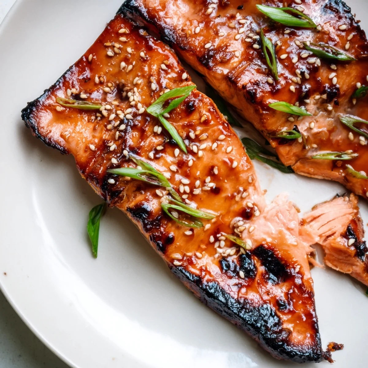 Glossy baked Asian salmon fillets topped with sesame seeds and green onion garnish
