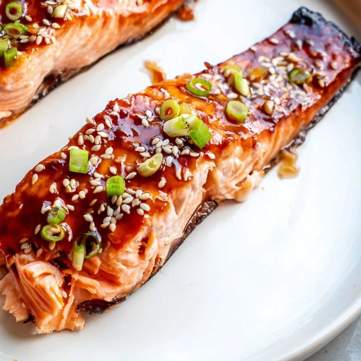 Golden baked Asian salmon glazed in sweet soy sauce resting on a parchment-lined tray