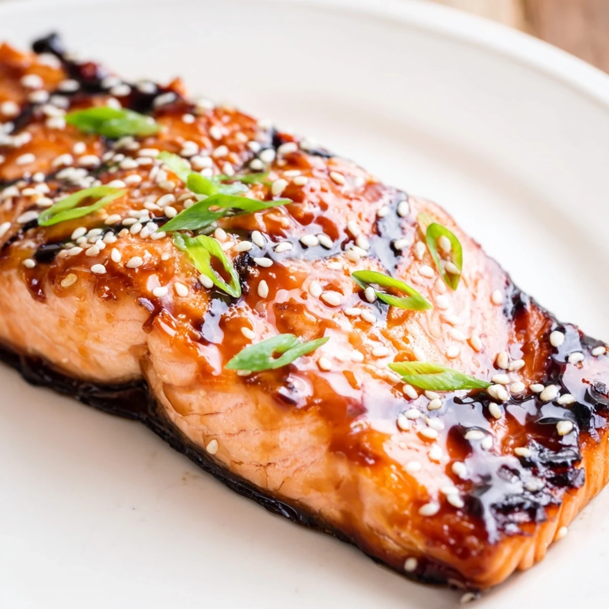 Caramelized baked Asian salmon flaking tenderly beside steamed white rice and sautéed vegetables