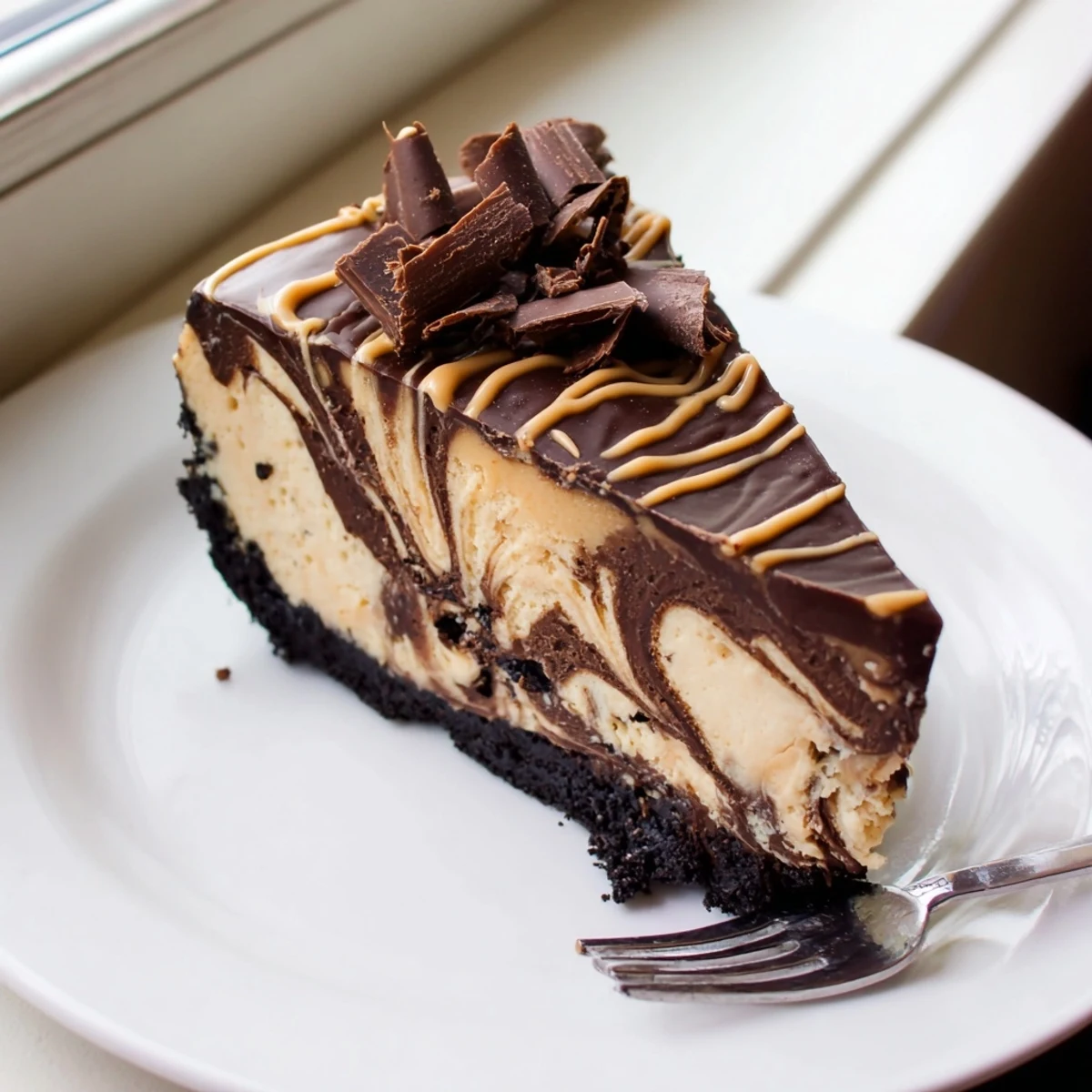 Creamy chocolate peanut butter cheesecake slice topped with glossy dark ganache drizzle