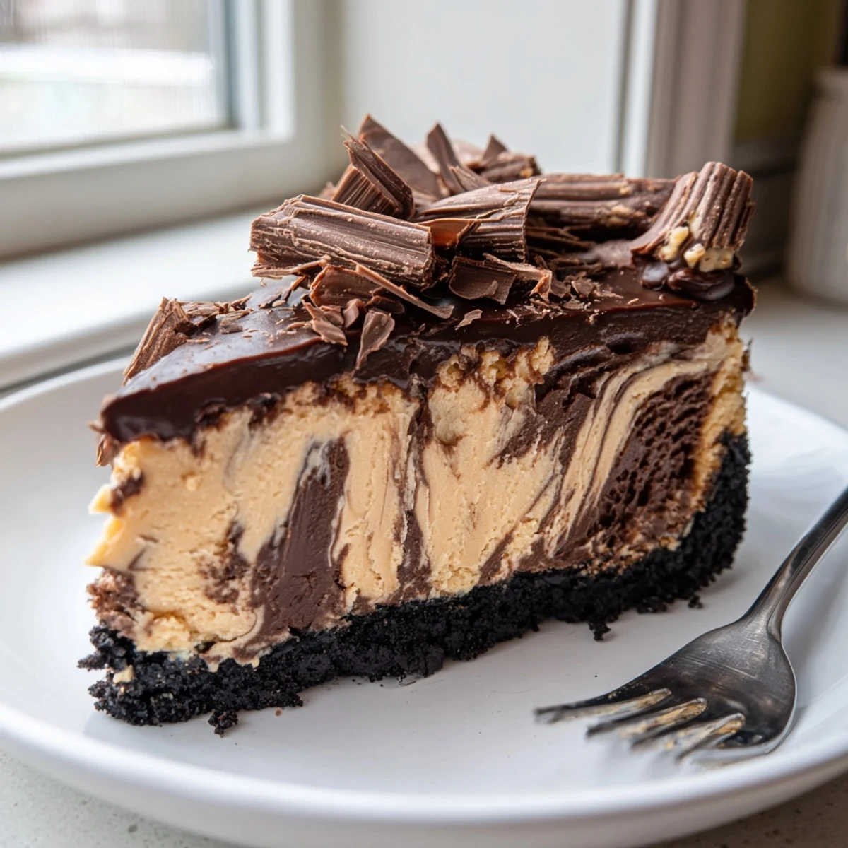 Decadent chocolate peanut butter cheesecake garnished with chocolate curls on a dessert plate