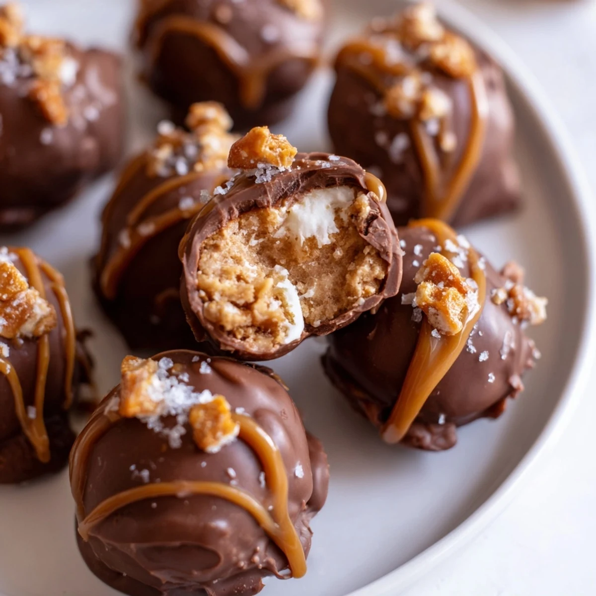 Golden chocolate-dipped salted caramel pretzel cheesecake balls drizzled with sticky caramel on parchment paper.