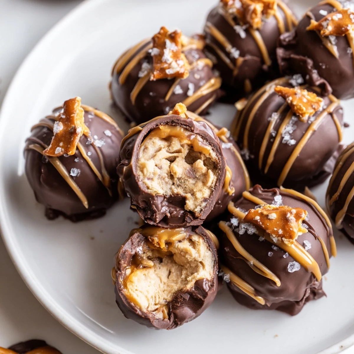 Creamy salted caramel pretzel cheesecake balls coated in rich semi-sweet chocolate and sprinkled with sea salt.