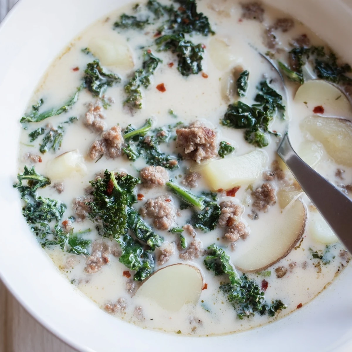 Creamy Zuppa Toscana soup with crumbled sausage, tender potato slices, and wilted kale in a white bowl