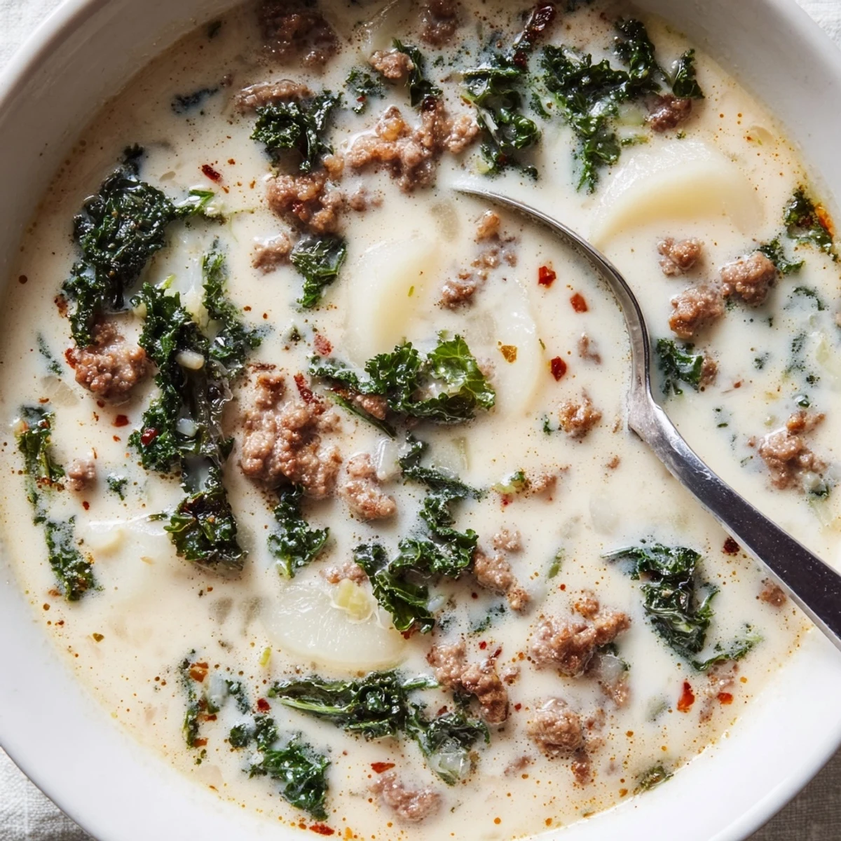 Steaming bowl of Zuppa Toscana soup ladled over sliced potatoes with dark green kale and spicy sausage
