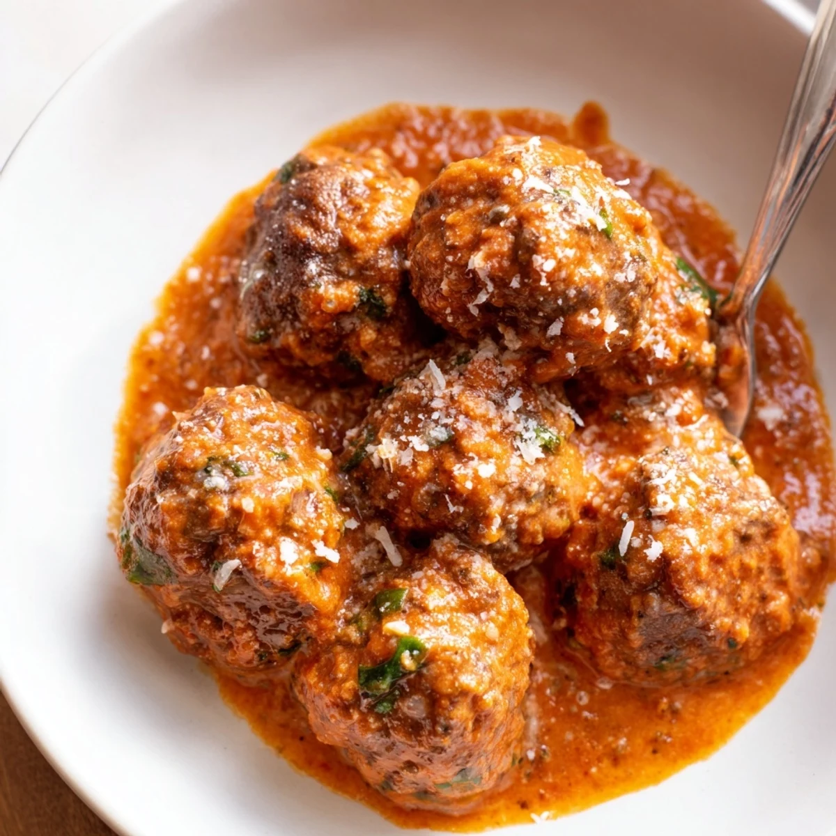 Golden brown meatballs nestled in a velvety Creamy Tomato Basil Meatballs sauce with fresh herb garnish