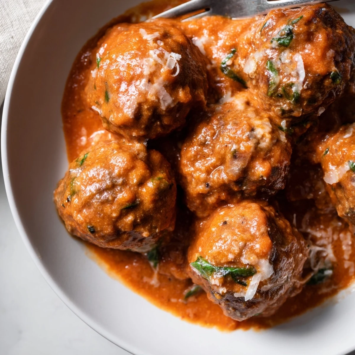 Tender Creamy Tomato Basil Meatballs served over twirled pasta dripping with lush, creamy tomato gravy