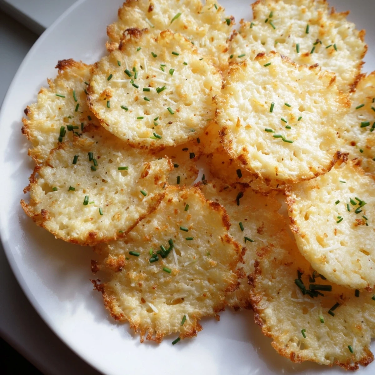 Golden crispy cottage cheese chips sprinkled with parmesan fresh from the oven