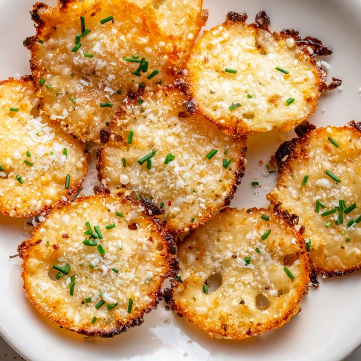 Savory cottage cheese chips with golden edges cooling on a baking sheet
