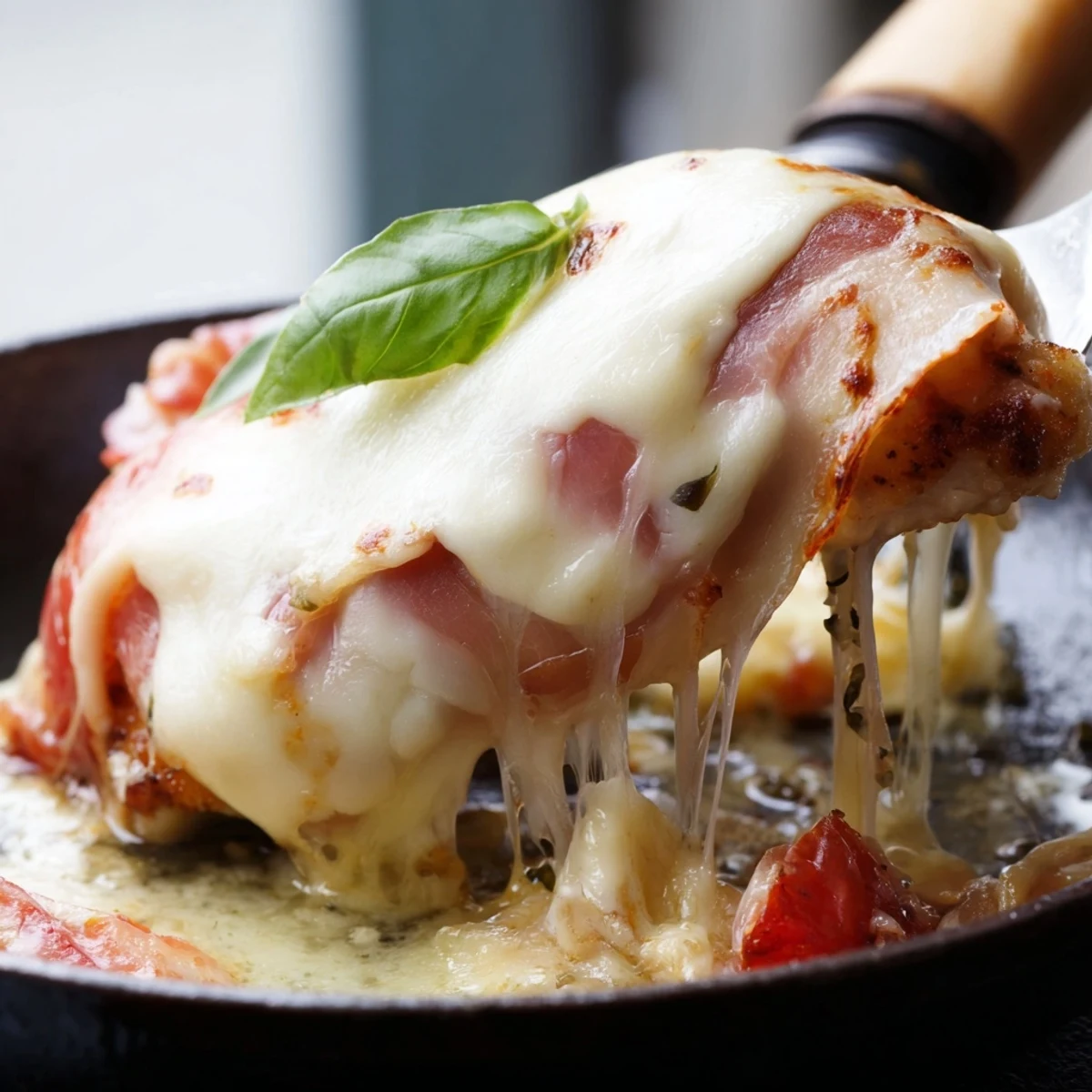 Golden chicken Valdostana topped with melted Fontina and prosciutto in rich tomato sauce
