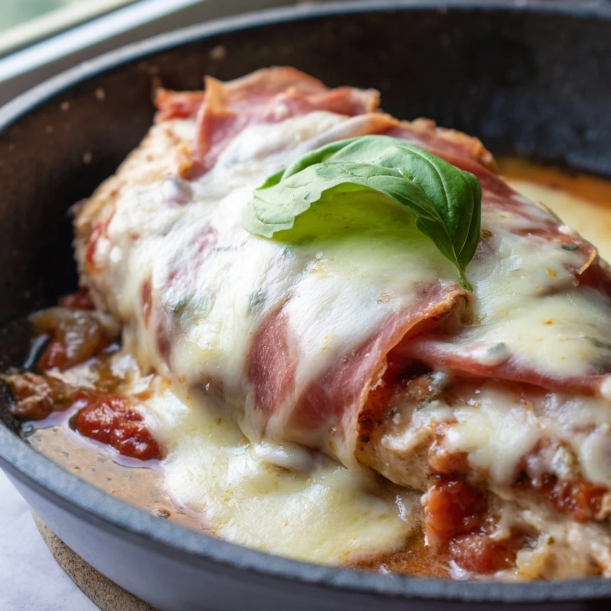 Tender chicken Valdostana draped in melted Fontina resting in a garlicky white wine tomato sauce
