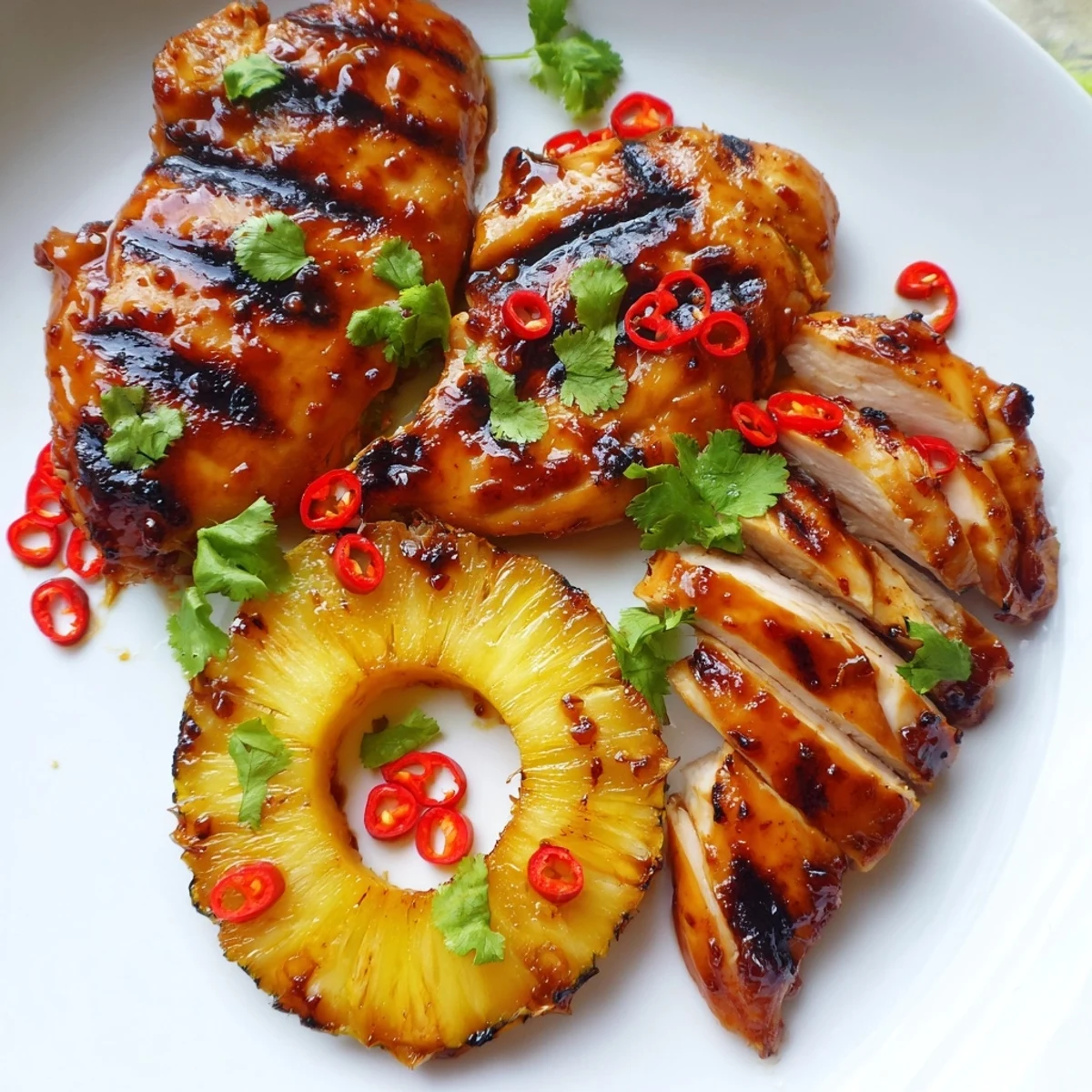 Juicy Chili Pineapple Grilled Chicken garnished with fresh cilantro and sliced red chili