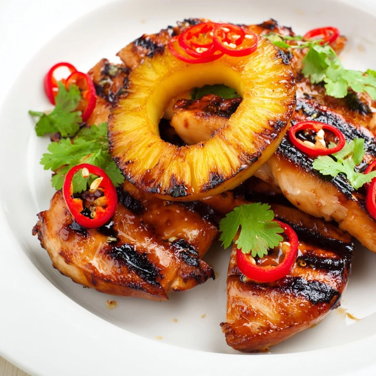 Chili Pineapple Grilled Chicken with caramelized pineapple rings on a smoky outdoor grill