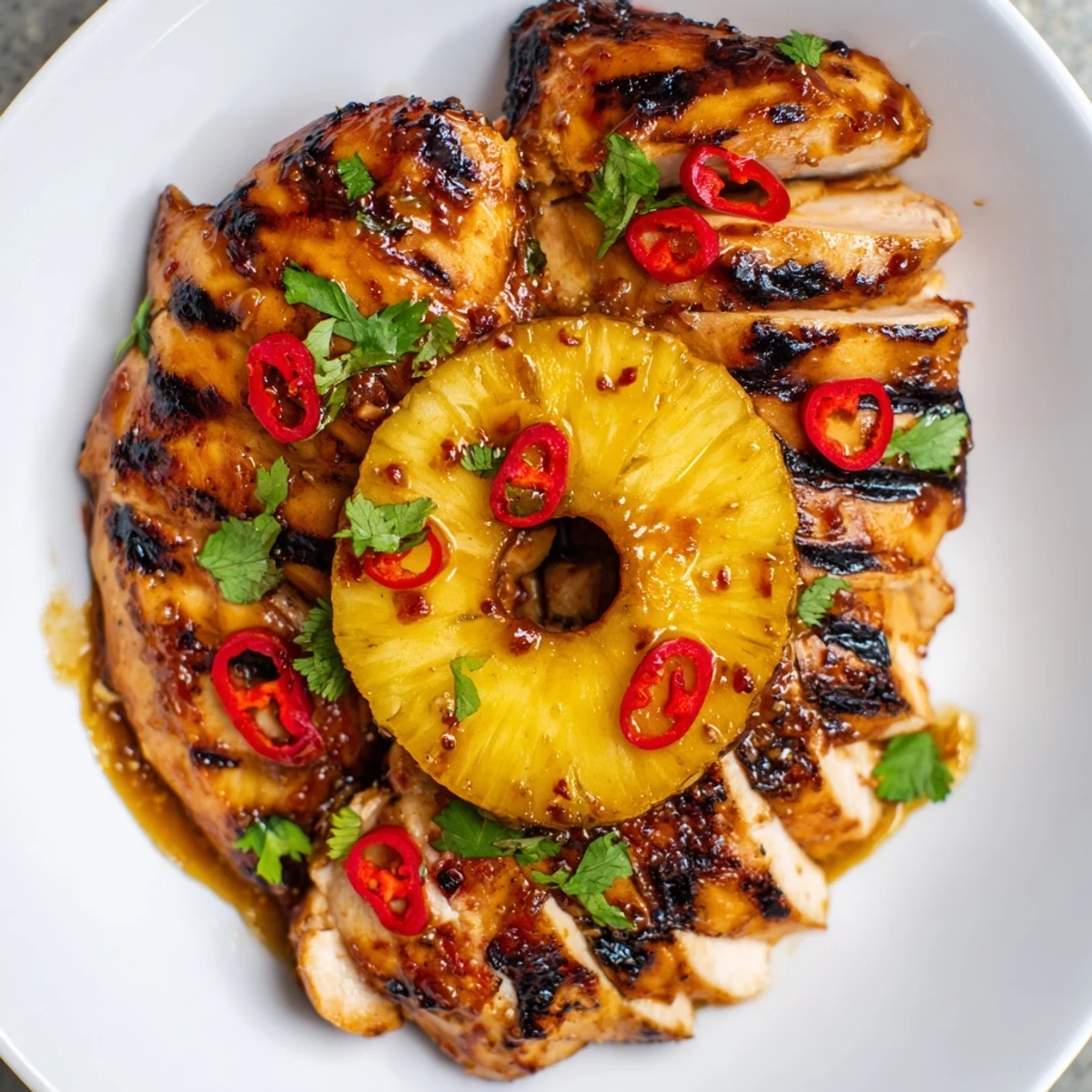 Golden Chili Pineapple Grilled Chicken topped with charred pineapple and drizzled glaze