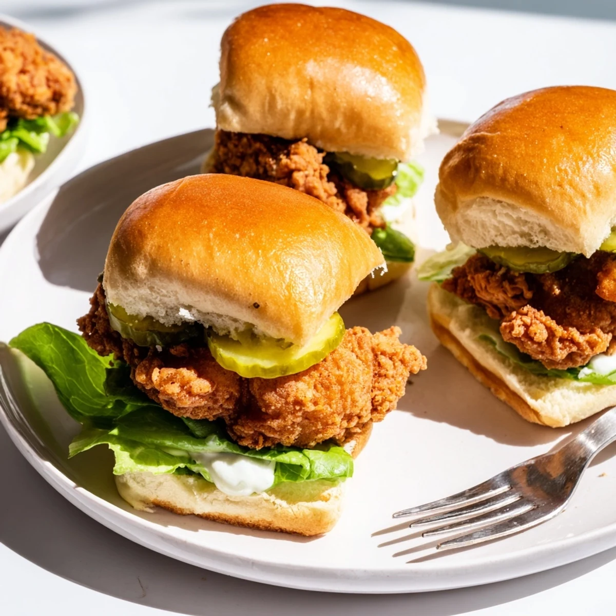 Crispy golden pickle brined fried chicken sliders stacked on soft buns with tangy pickles