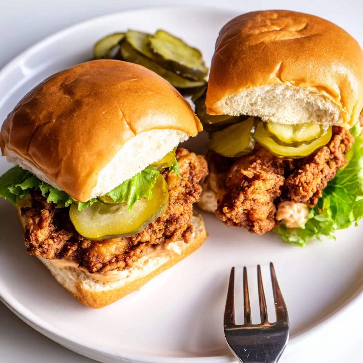 Juicy pickle brined fried chicken sliders topped with lettuce and creamy mustard mayo