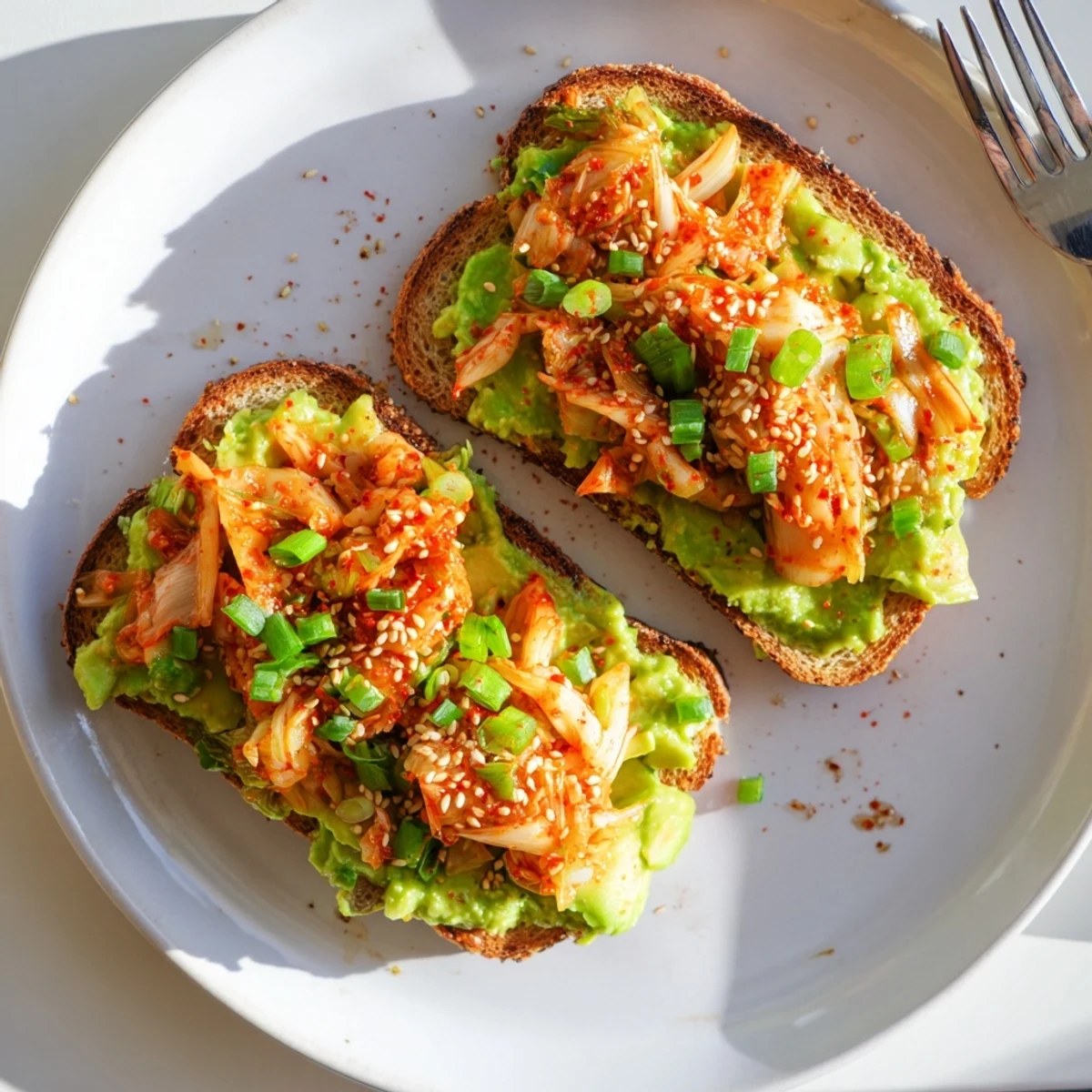 Creamy kimchi avocado toast topped with sesame seeds on crispy sourdough bread