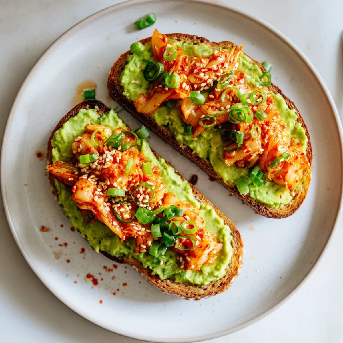 Spicy kimchi piled over mashed avocado on golden toast with green onions