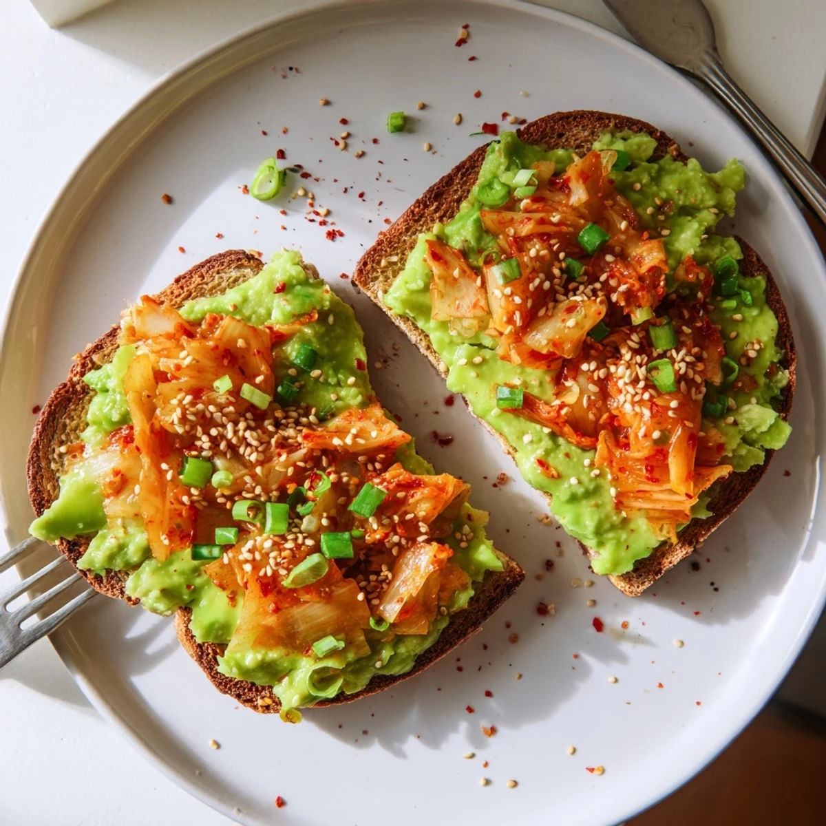 Golden toasted bread layered with smooth avocado and vibrant red kimchi topping