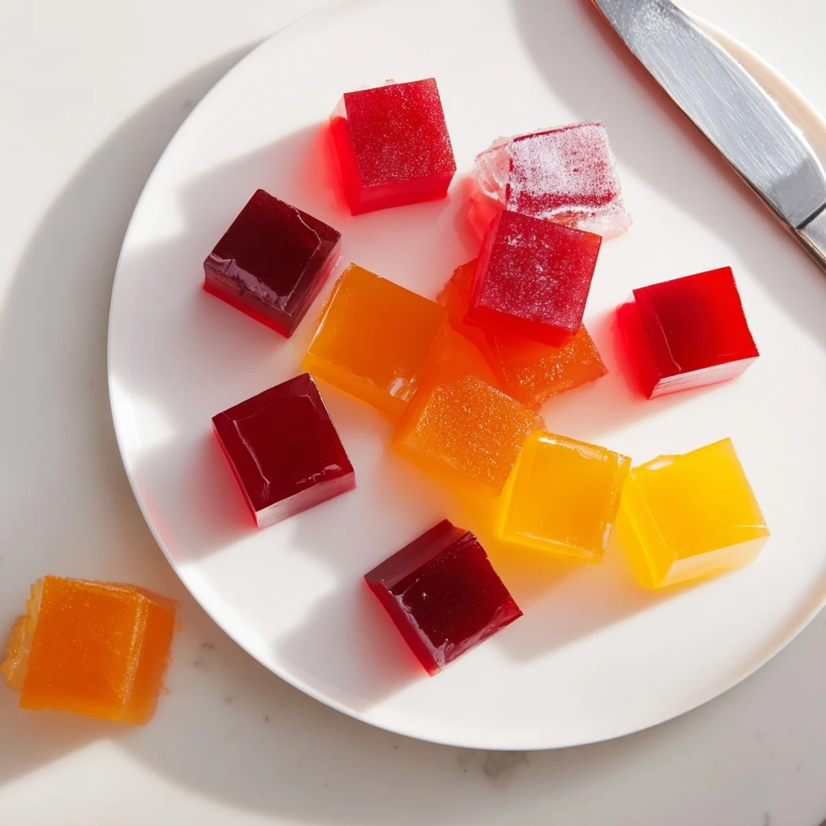 Colorful collagen fruit jellies in vibrant jewel-toned squares dusted with cornstarch on a rustic cutting board