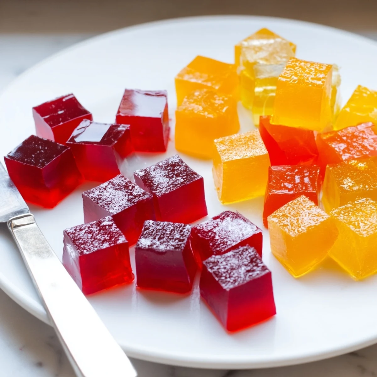 Glossy collagen fruit jellies arranged on a white plate showcasing their bright berry and citrus hues