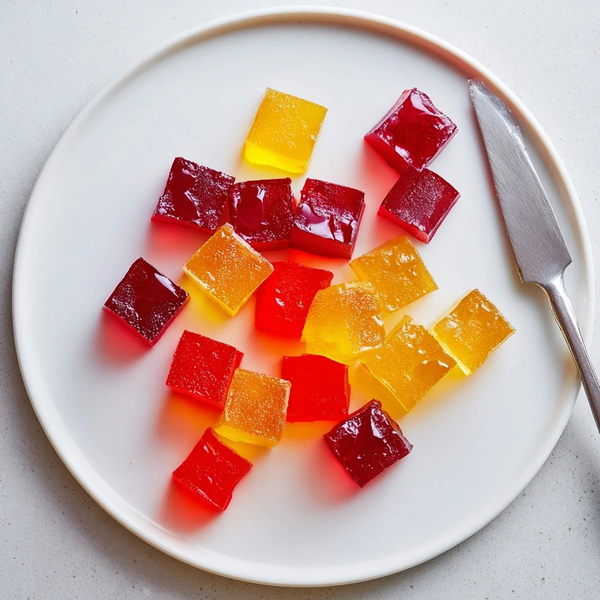 Close-up of homemade collagen fruit jellies in fun silicone mold shapes glistening with natural fruit colors