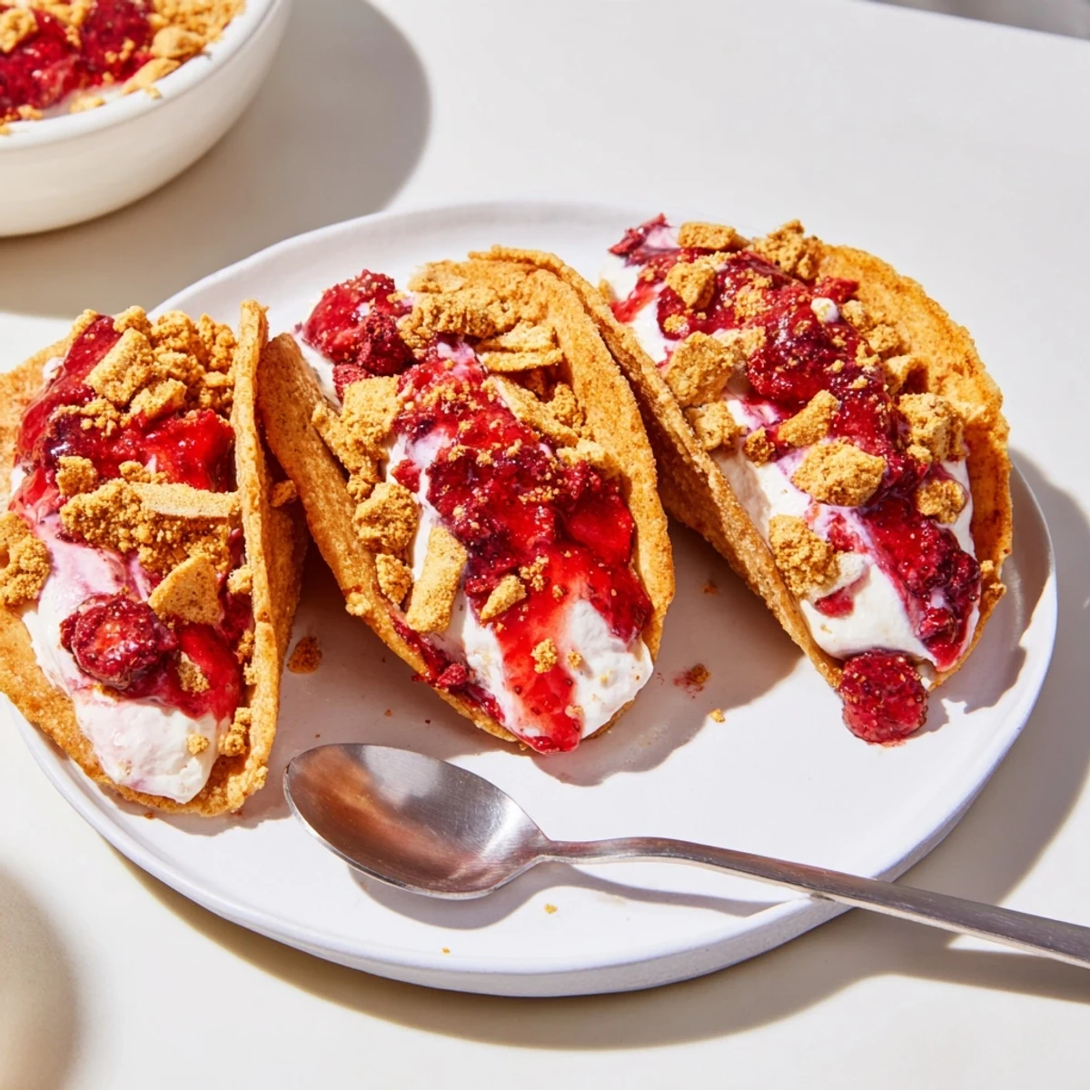 Crispy cinnamon sugar strawberry crunch cheesecake tacos topped with golden cookie crumbs and fresh strawberry drizzle on a dessert plate