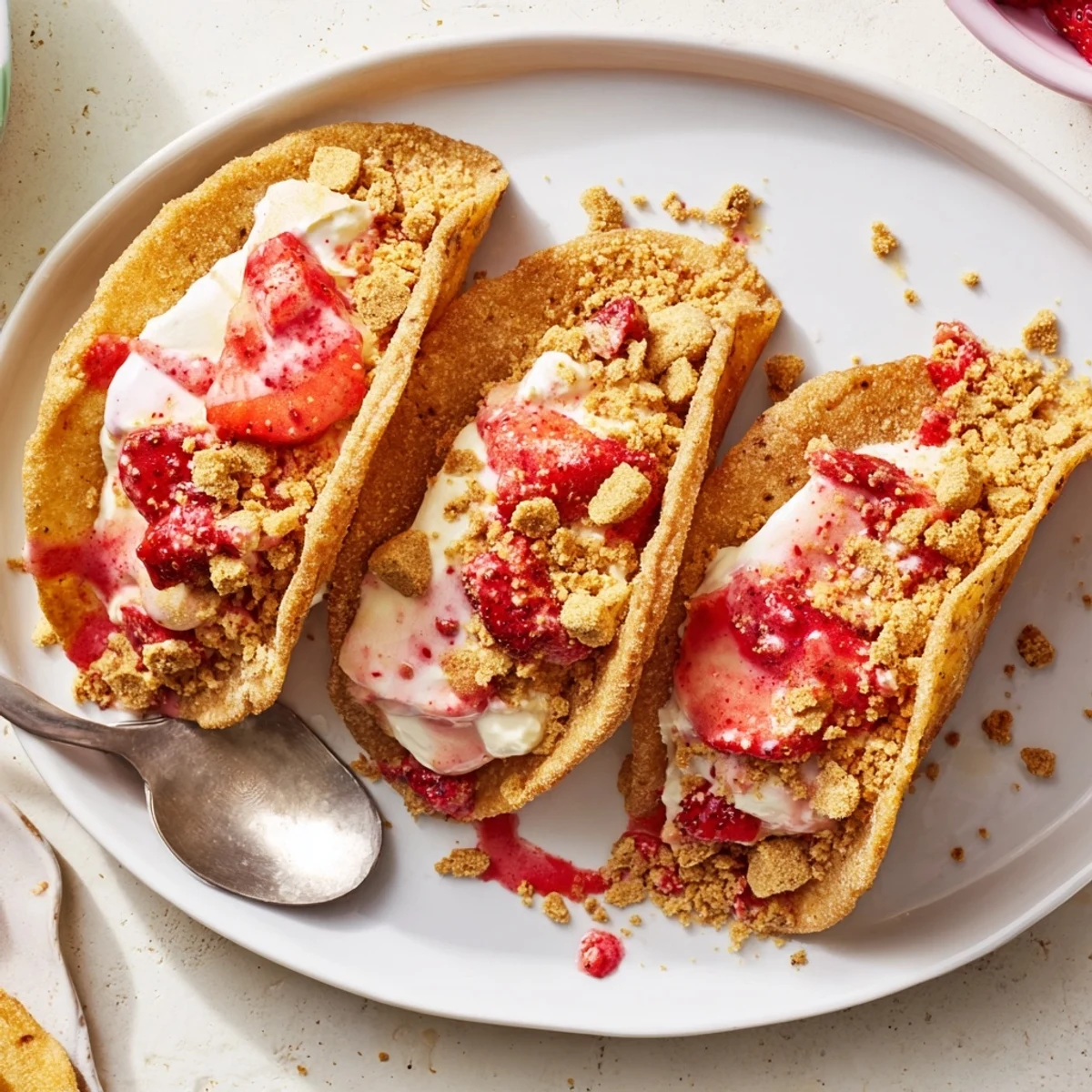 Creamy strawberry crunch cheesecake tacos with velvety filling and crunchy freeze dried strawberry topping served at a party