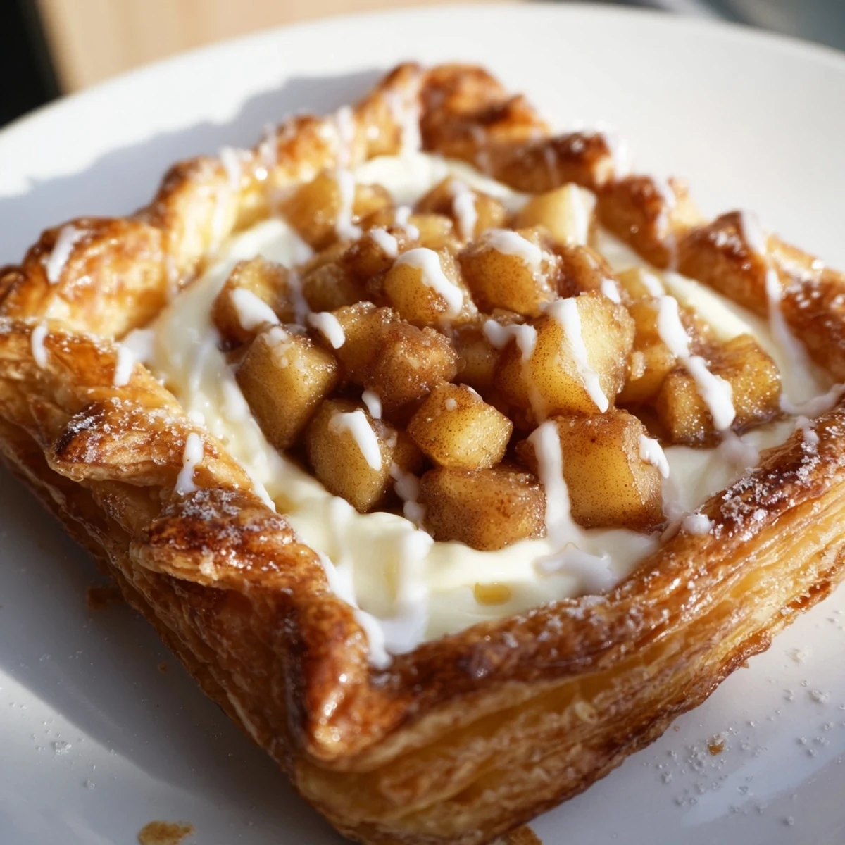 Flaky apple cheese danishes topped with cinnamon apples and tangy cream cheese