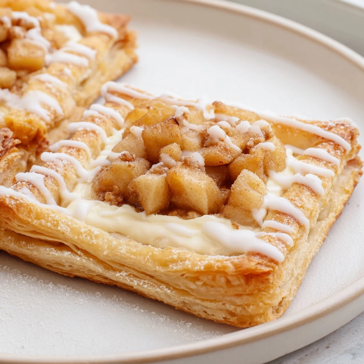 Warm apple cheese danishes drizzled with sweet icing beside a coffee cup