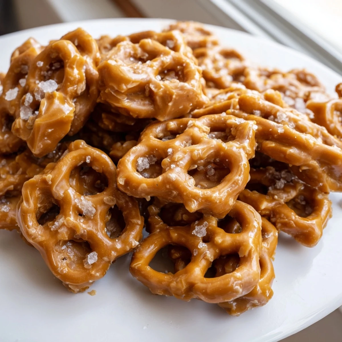 Golden butter toffee pretzels glistening with caramelized coating and flaky sea salt
