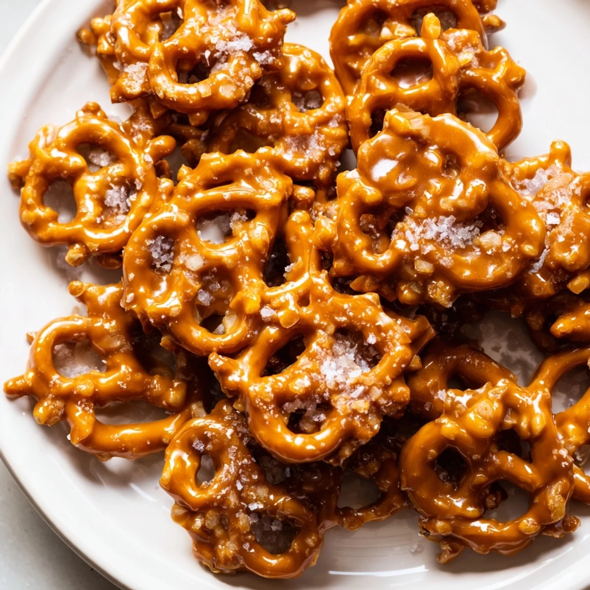Warm butter toffee pretzels clustered on a baking sheet, dusted with sparkling salt