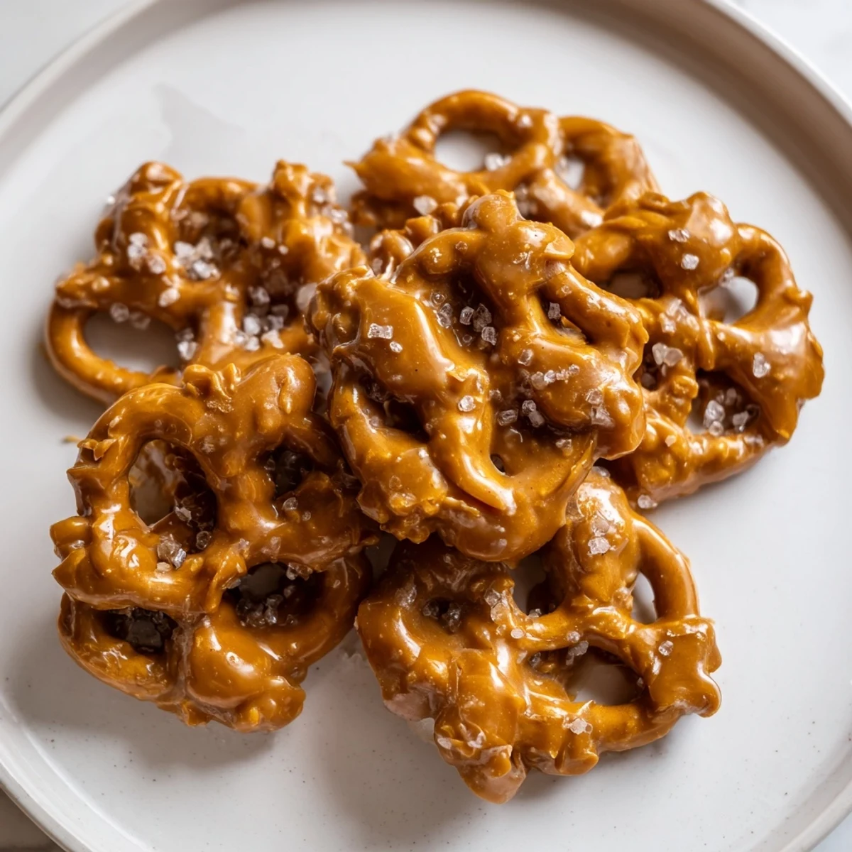 Crunchy butter toffee pretzels spread on parchment, bubbling with sweet caramel glaze