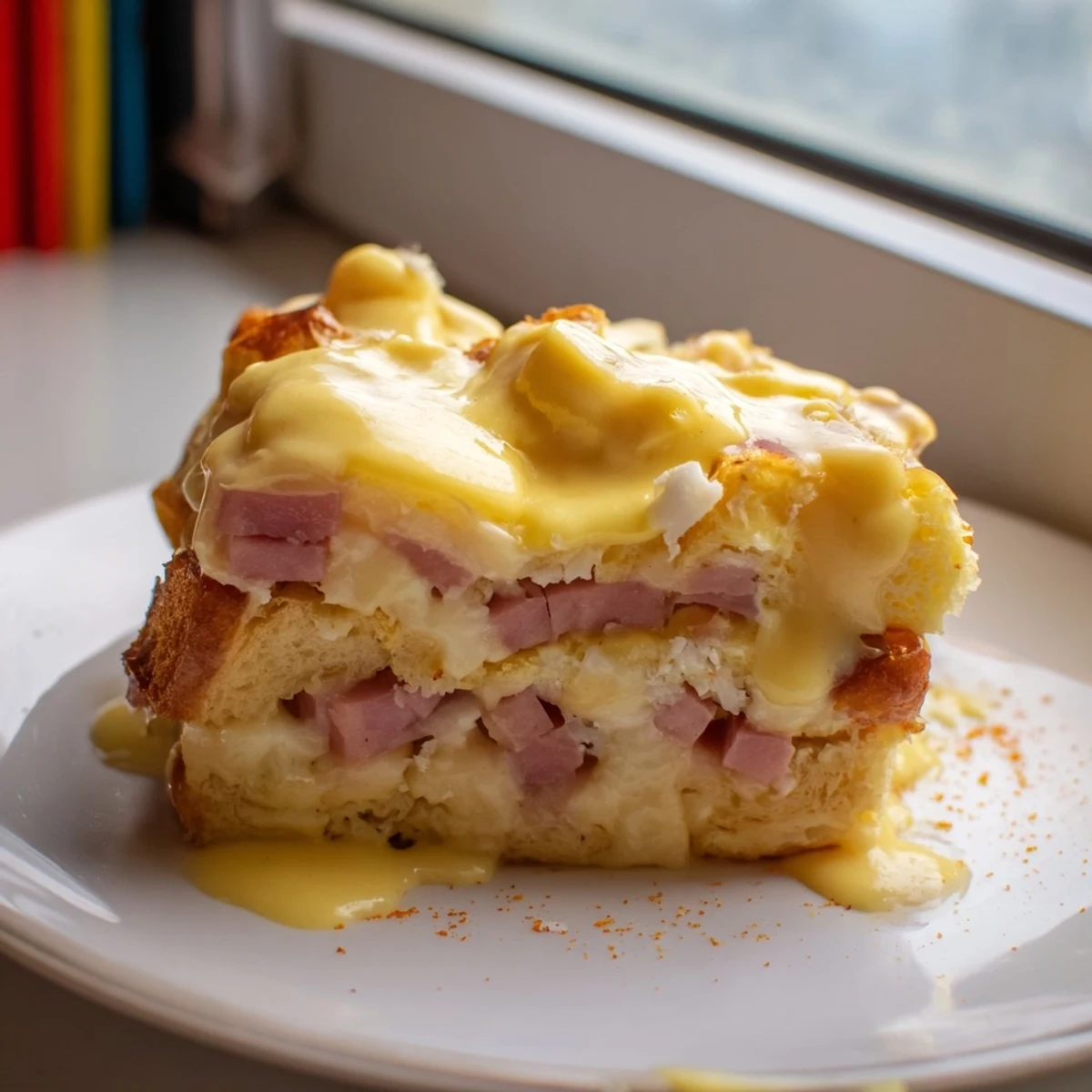 Golden Eggs Benedict Casserole fresh from the oven with creamy hollandaise drizzled on top