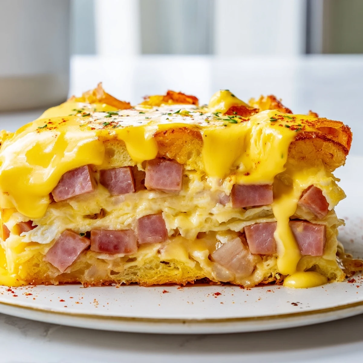 Steaming slice of Eggs Benedict Casserole layered with Canadian bacon and toasted English muffins