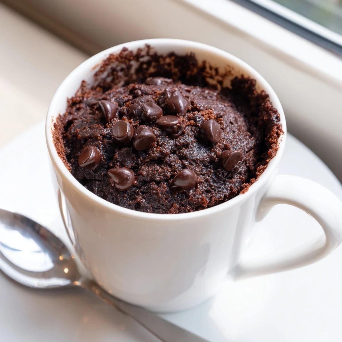 Warm gluten free chocolate mug cake topped with a melting ice cream scoop