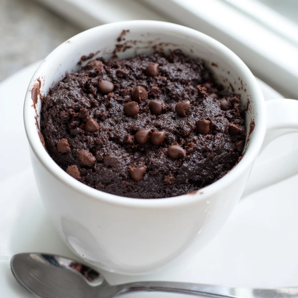 Fudgy gluten free chocolate mug cake studded with gooey melted chocolate chips